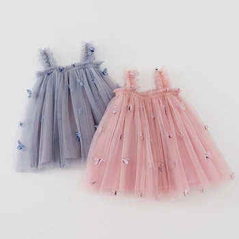 2023 Новая Розовая детская одежда для маленьких девочек, летнее платье принцессы для малышей, детское Сетчатое кружевное платье без рукавов с милой бабочкой