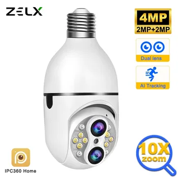4-Мегапиксельная Камера Наблюдения С Лампочкой E27, Двойной Объектив, 10-Кратный Зум, Внутренняя Wifi IP-Камера, Автоматическое Отслеживание, Цветной Видеоняня Ночного Видения