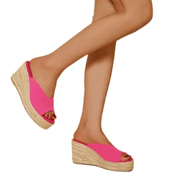 LIHUAMAO/ эластичные сетчатые тапочки на танкетке с открытым носком, женские босоножки на высоком каблуке и платформе, повседневные удобные эспадрильи