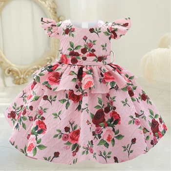 Платья с цветочным узором для маленьких девочек, розовое свадебное платье принцессы для малышей, детское платье для девочек на 1-й день рождения, крещение, торжественная одежда
