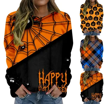 Свитшоты для женщин, Повседневный Пуловер с круглым вырезом и длинным рукавом, блузки с принтом на Хэллоуин