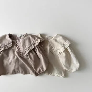 Блузки для маленьких девочек 2023, Осенние Корейские рубашки с большими отворотами Lotus для малышей, Однотонный Хлопковый Универсальный Милый топ с длинными рукавами для младенцев
