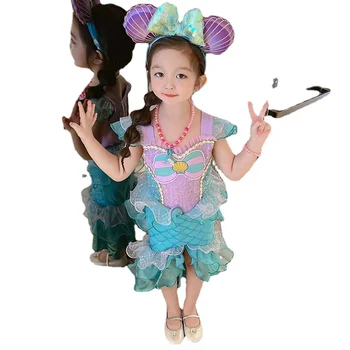 Детская одежда, летнее платье принцессы-русалки с короткими рукавами, праздничное платье принцессы для девочек, расшитое блестками