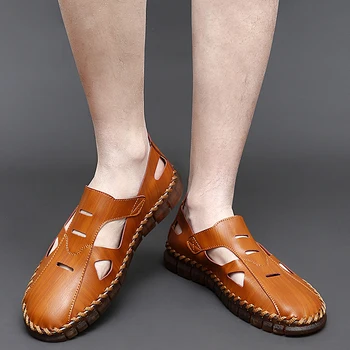 Мужские летние дышащие сандалии на плоской подошве Мужские кожаные сандалии ручной работы Дышащая пляжная обувь с отверстиями Повседневные уличные сандалии