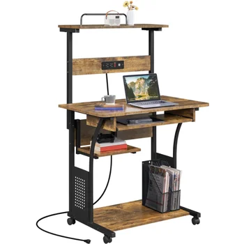 3-ярусный компьютерный стол с зарядной станцией, полка для принтера для домашнего офиса, настольный компьютер в коричневом стиле в деревенском стиле