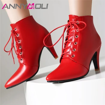 ANNYMOLI / Женские ботильоны из искусственной кожи с острым носком на толстом высоком каблуке, короткие ботинки на шнуровке, женская модная обувь, осень-зима, белый 46 г.