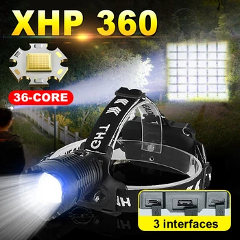 XHP360 Мощная фара USB Перезаряжаемый головной фонарик 4 Режима освещения Светодиодная фара высокой мощности 18650 Головной фонарь Водонепроницаемый