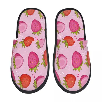 Комнатные тапочки Розовая клубника Теплая пушистая обувь Домашние тапочки Плюшевые зимние вьетнамки