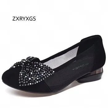 ZXRYXGS Детские замшевые сетчатые босоножки премиум-класса, летние модные босоножки с бантом и бриллиантами, женская обувь на высоком каблуке 2,5 см