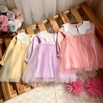 Детское платье с длинным рукавом, осеннее платье для девочек на день рождения, милые сетчатые детские платья принцессы для девочек