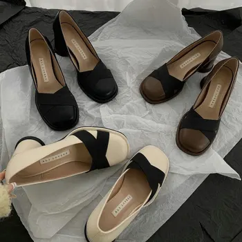 Туфли-лодочки Новые Летние Осенние туфли с круглым носком на толстом каблуке, цветные французские туфли Мэри Джейн на высоком каблуке, женские туфли на высоком черном каблуке